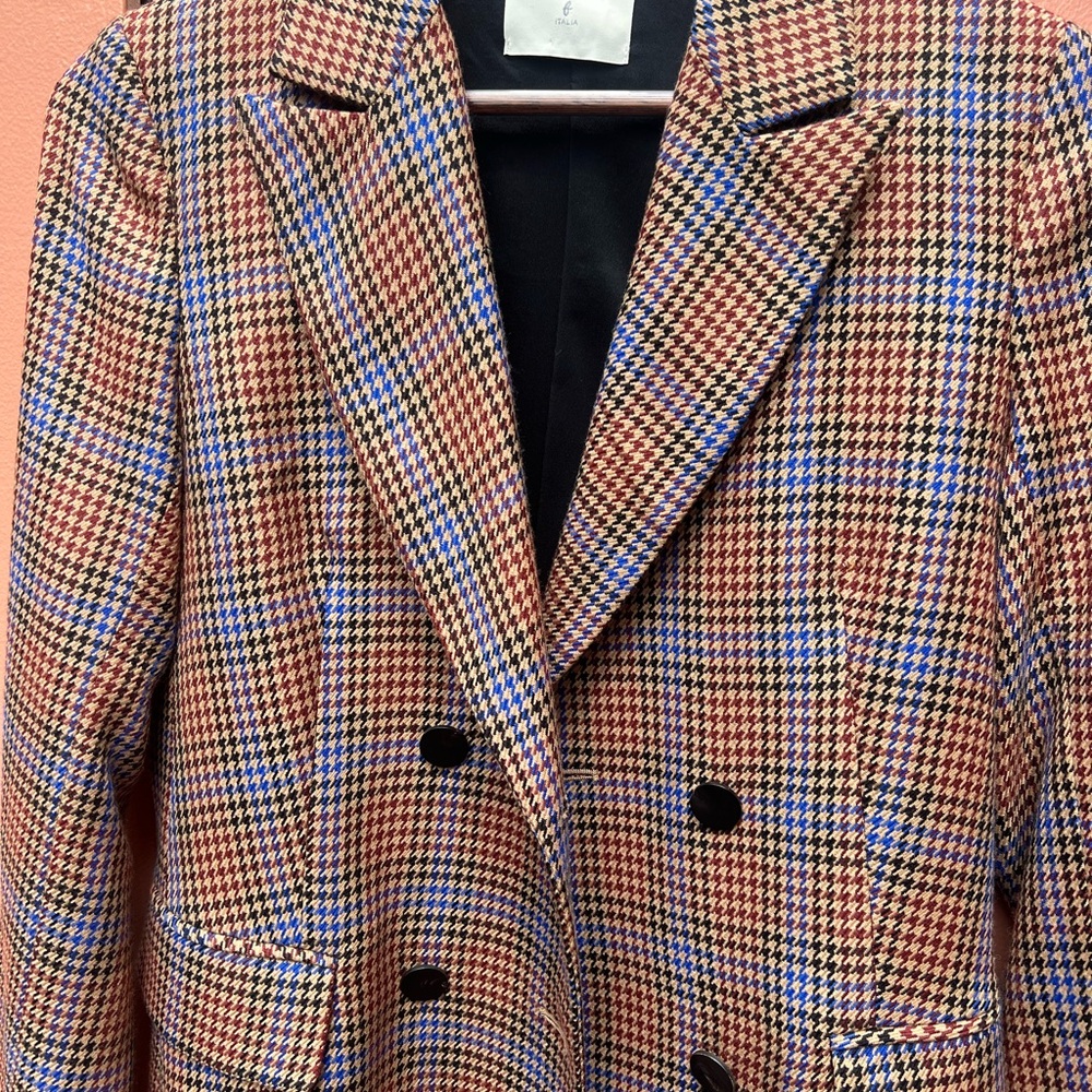Double-Breasted Plaid Blazer Jacket - Brown Multi - Picture 3 of 10